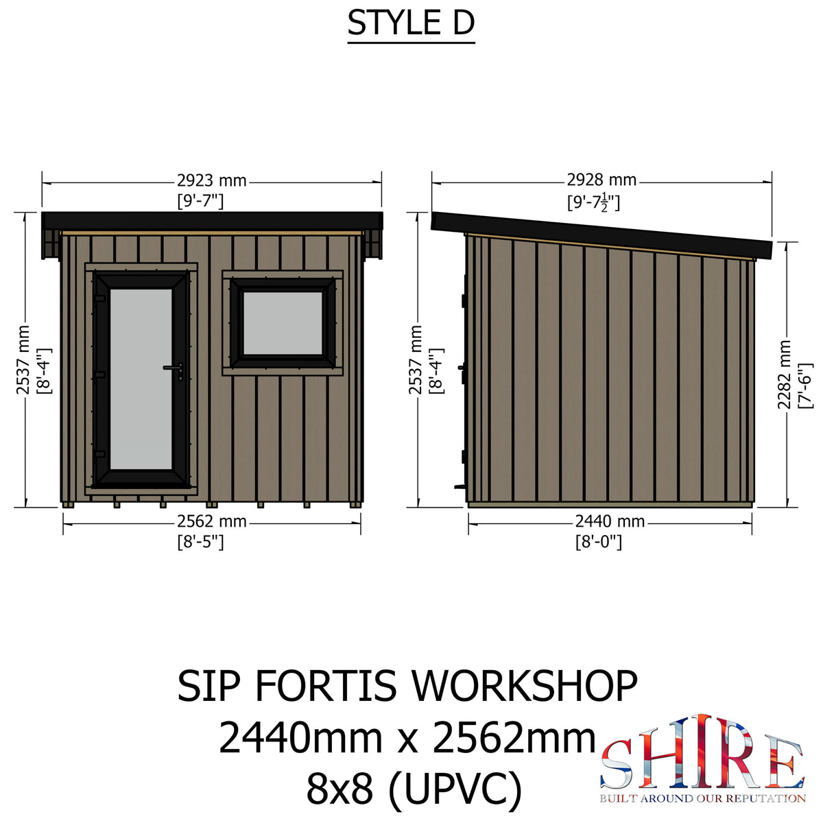 Fortis 8x8ft Style D Left Hand Hung Door, Door in High Side, Window in High Side