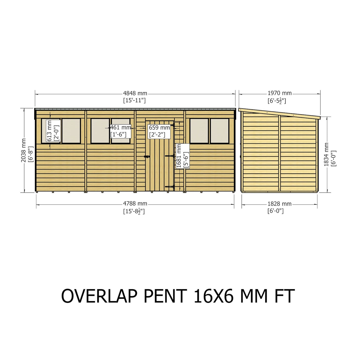 Garden Value 16 x 6 Overlap Pent Shed with windows