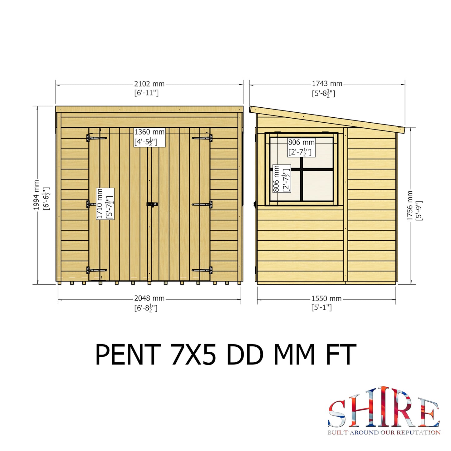 Pent 7 x 5 Double Door Shiplap Shed