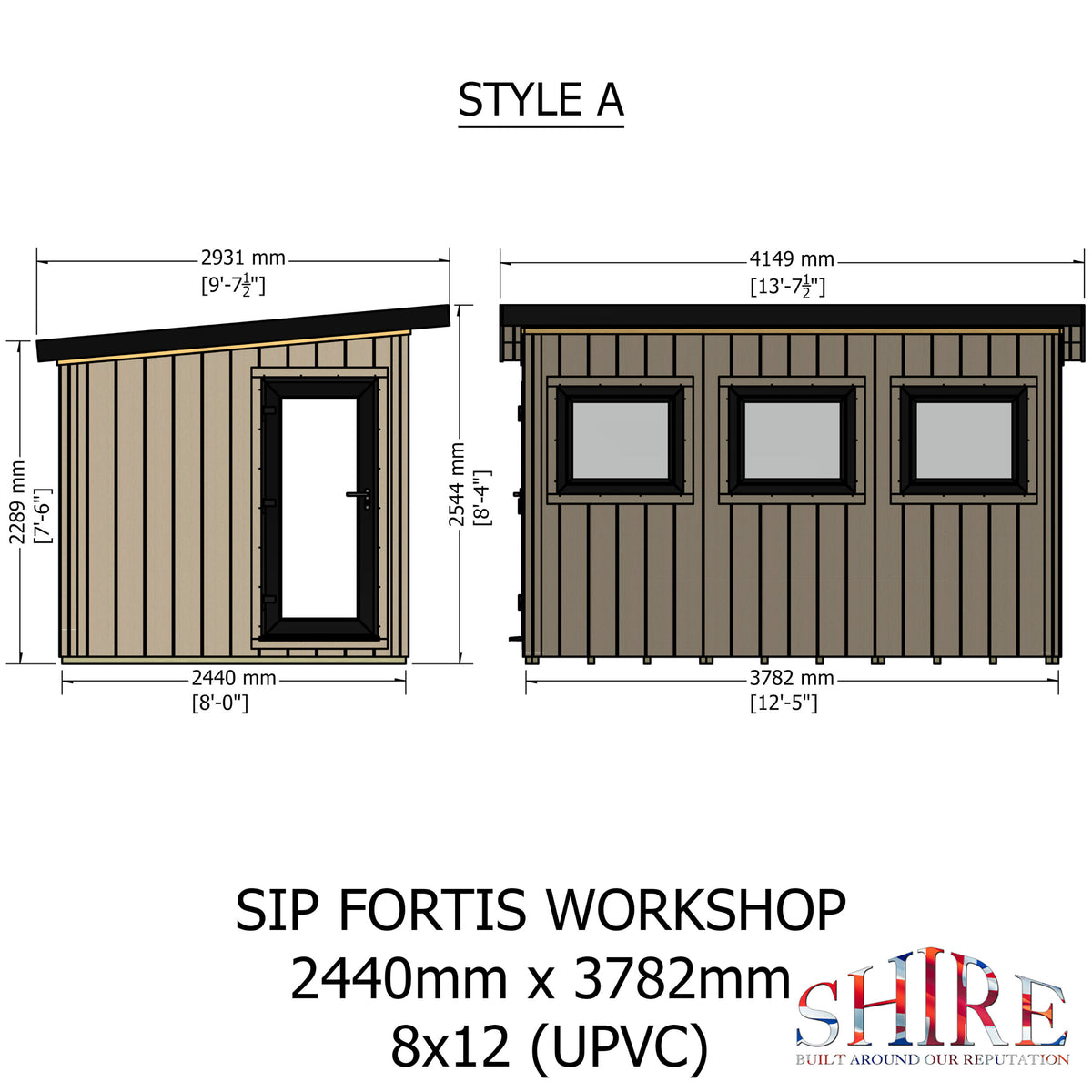 Fortis 12x8ft Style A Left Hand Hung Door, Door in High  Side, Window in High Side