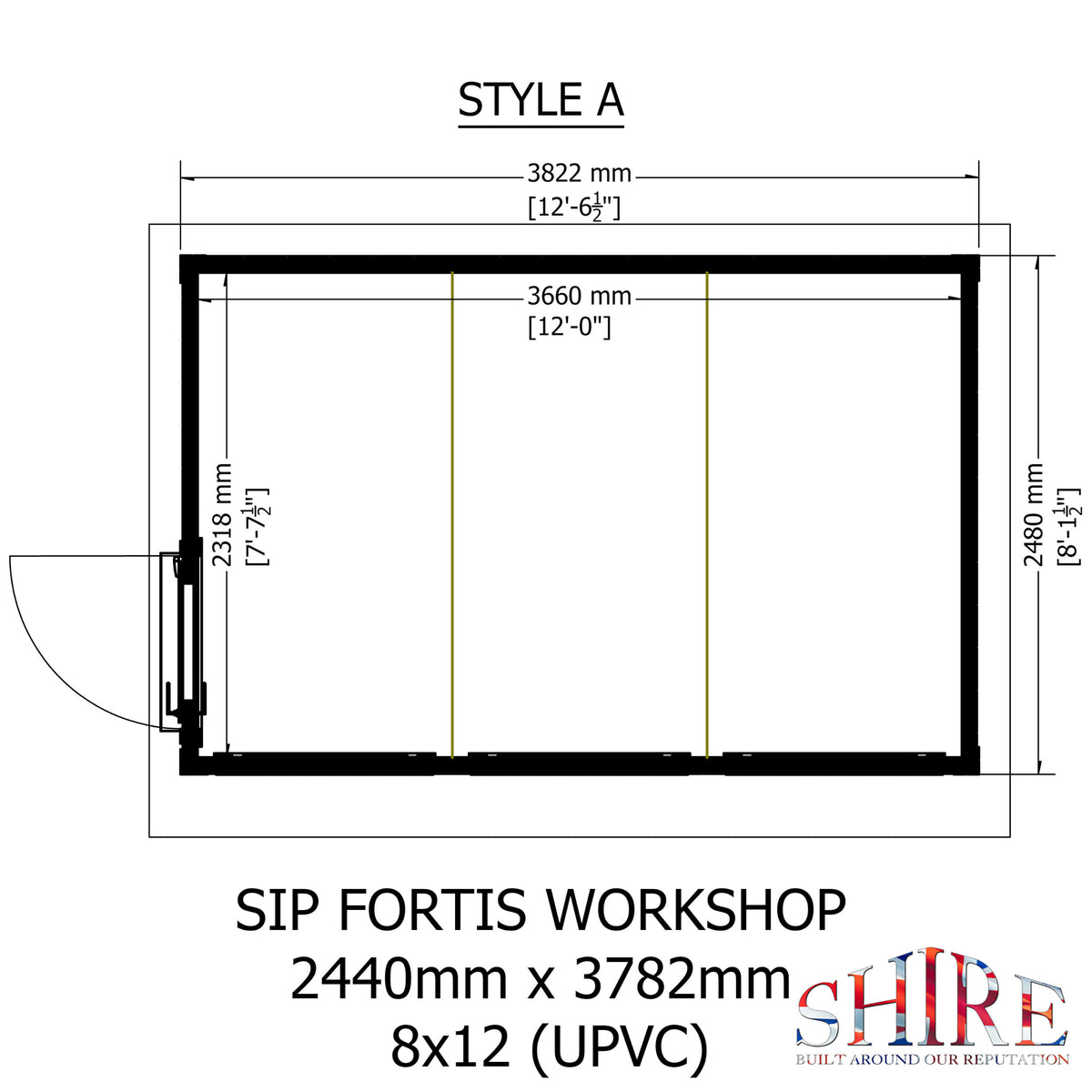 Fortis 12x8ft Style A Left Hand Hung Door, Door in High  Side, Window in High Side