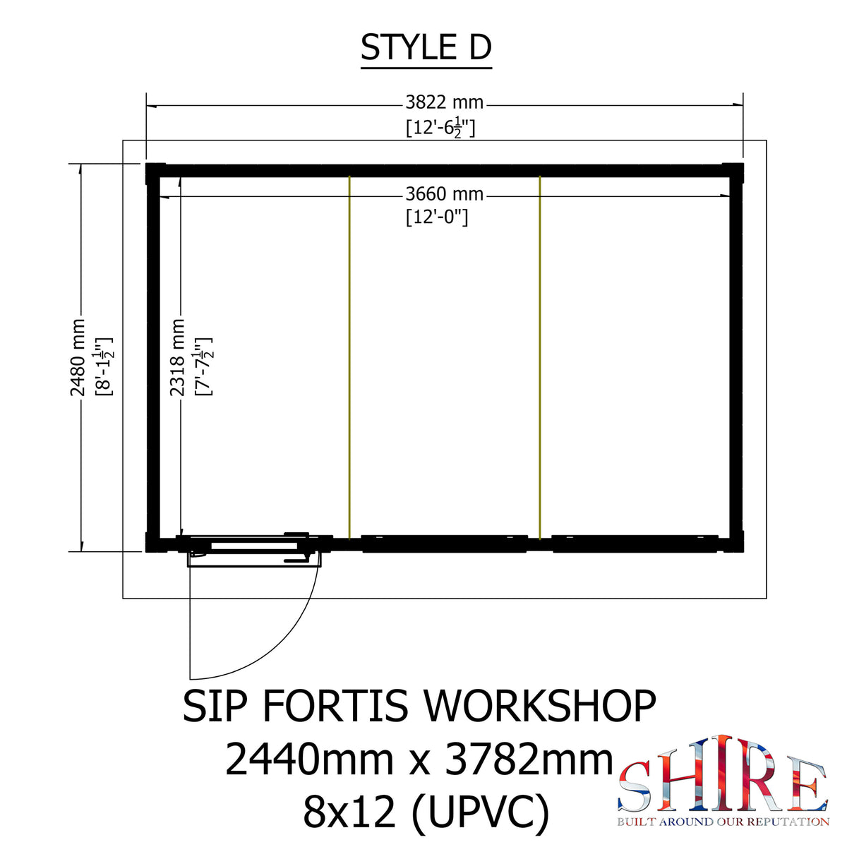 Fortis 12x8ft Style D Left Hand Hung Door, Door in High  Side, Window in High Side