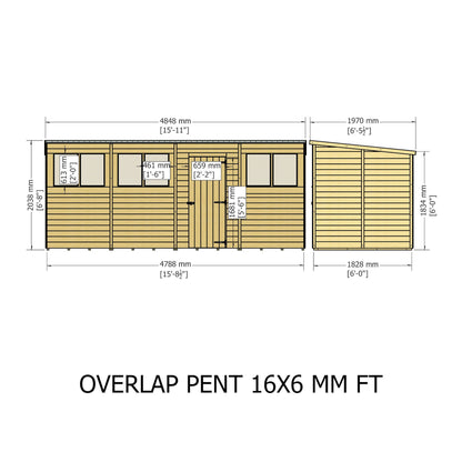 Garden Value 16 x 6 Overlap Pent Shed with windows